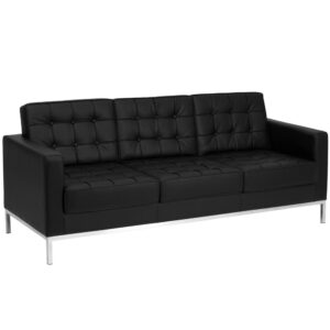 Make a great impression on your clients and customers with this handsome contemporary black reception sofa boasting LeatherSoft upholstery. A stainless steel frame and integrated legs give this chair added strength and a distinctive on-trend style that will look great in your waiting room