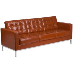 Make a great impression on your clients and customers with this handsome contemporary cognac reception sofa boasting LeatherSoft upholstery. A stainless steel frame and integrated legs give this chair added strength and a distinctive on-trend style that will look great in your waiting room