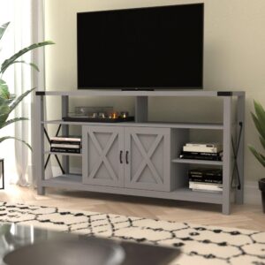 Storage with style describes this extra tall 60 inch TV stand that provides display surfaces for electronics and treasured keepsakes and storage for remote controls