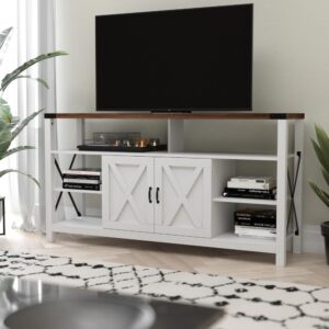 Storage with style describes this extra tall 60 inch TV stand that provides display surfaces for electronics and treasured keepsakes and storage for remote controls