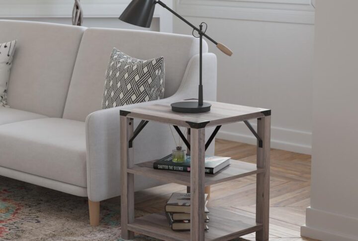 Wyatt Modern Farmhouse Wooden 3 Tier End Table with Black Metal Corner Accents and Cross Bracing