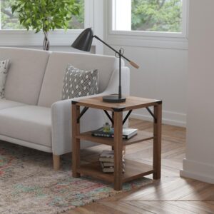 Wyatt Modern Farmhouse Wooden 3 Tier End Table with Black Metal Corner Accents and Cross Bracing