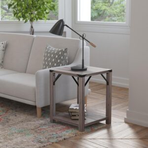 Wyatt Modern Farmhouse Wooden 2 Tier End Table with Black Metal Corner Accents and Cross Bracing