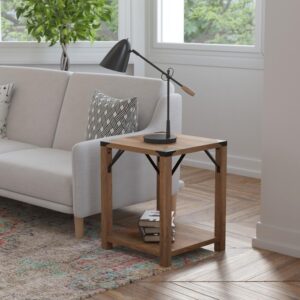 Wyatt Modern Farmhouse Wooden 2 Tier End Table with Black Metal Corner Accents and Cross Bracing