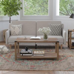Wyatt Modern Farmhouse Wooden 2 Tier Coffee Table with Black Metal Corner Accents and Cross Bracing