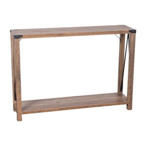 Wyatt Modern Farmhouse Wooden 2 Tier Console Entry Table with Black Metal Corner Accents and Cross Bracing