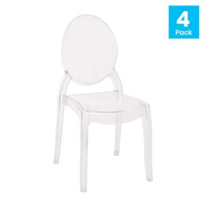 Offer your clients the versatility that comes with this set of 4 transparent crystal ghost chairs. The clear design of these all occasion chairs will blend with any decorating theme or decor to give you unparalleled decorating options in any venue. This resin stackable accent chair brings modern design