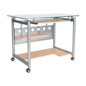 This Techni Mobili rolling computer desk is constructed from safety-tempered frosted glass in a steel frame with a scratch prevention finish. This contemporary furniture will hold your monitor