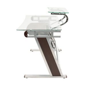 while the tempered glass work surface provides ample space for everyday work essentials. It features a sliding adjustable printer/accessory shelf and pullout keyboard tray that slides left to right for an optimal working position. Its unique Z-shape frame offers wider leg space — substantially optimizing the comfort and aesthetics