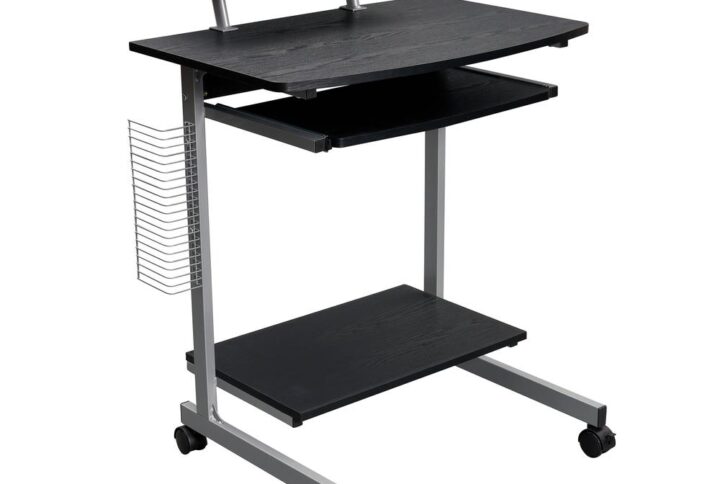 This Techni Mobili Compact Computer Cart is made with heavy-duty engineered wood panels with a moisture resistant PVC laminate veneer and a scratch-resistant powder-coated steel frame. The adjustable shelf can be mounted center