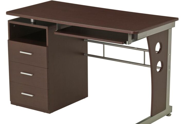 This Techni Mobili Computer Desk with Storage boasts a simple yet elegant design. It features a spacious elevated desktop above a pedestal with three utility drawers