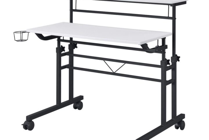 Mix industrial and modern styles together with this Techni Mobili Rolling and Adjustable Writing Desk. This desk is perfect for home-office spaces with its small footprint and offers option of 2 separate desktops independent levels with ample space that includes adjustable height mechanism. The finish coordinates with almost any decor while fiber-like texture tabletop surface and powder-coated metal frame and legs that give this desk a sturdy build along with a fun design. It includes front wheels with locking mechanism that let you swiftly glide in a home office space. The desktop is large enough to hold your laptop
