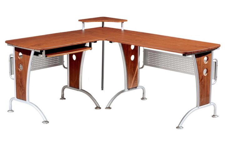 This contemporary Techni Mobili L-Shaped Computer Desk has a spacious desktop that can be configured to your preference