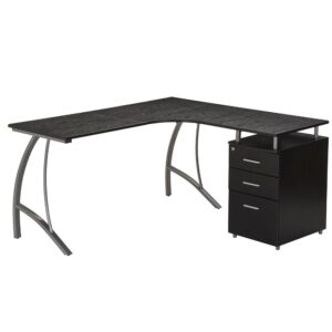 This modern Techni Mobili L-Shaped Computer Desk features a spacious desktop in a curved boomerang shape with a built-in locking storage cabinet and a hanging file cabinet. Curved legs are made of scratch-resistant powder-coated steel