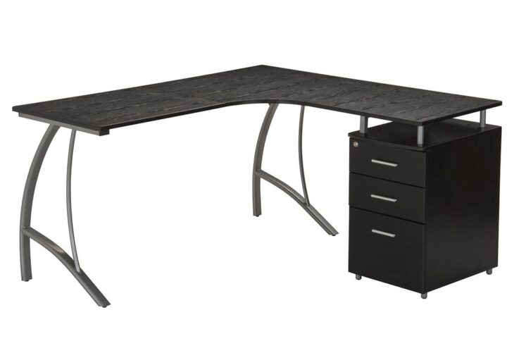 This modern Techni Mobili L-Shaped Computer Desk features a spacious desktop in a curved boomerang shape with a built-in locking storage cabinet and a hanging file cabinet. Curved legs are made of scratch-resistant powder-coated steel
