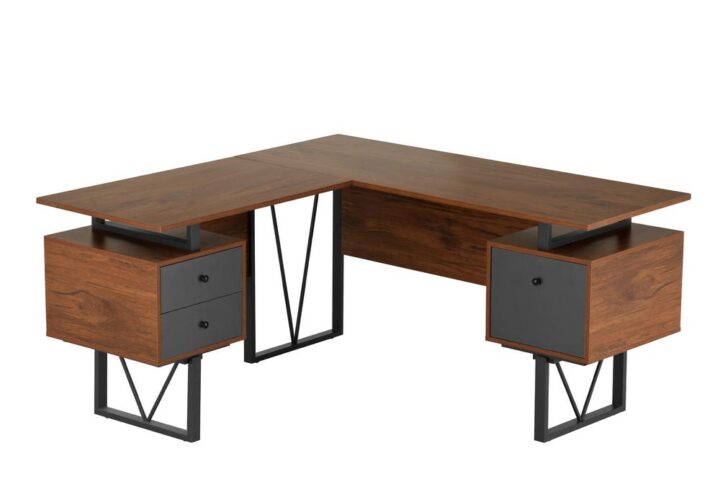 Contemporary design meets industrial style in this curated Techni Mobili Reversible L-shape computer desk. This versatile home office L-shape workstation is crafted with engineered wood with a surface made of PVC laminate.  We offer it in a two-tone walnut finish with grey accents matching to the front grey panels