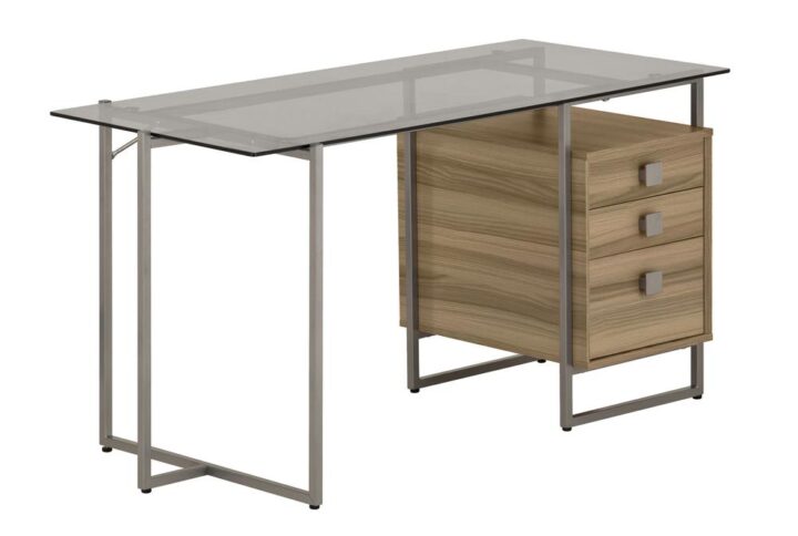 Glamourous bright metal and chic neutrals collide to produce this contemporary glamorous writing desk. Storage drawers that were crafted with a laminated wood finish that feature woodgrain oak color veneer adding to its clean but simple look