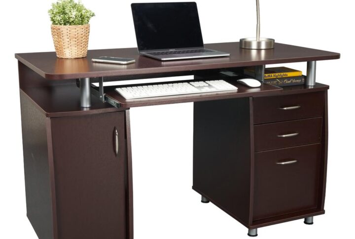 This Techni Mobili Desk is a complete workstation offering an ample work surface and plenty of storage space.It features an acessory shelf atop a storage cabinet