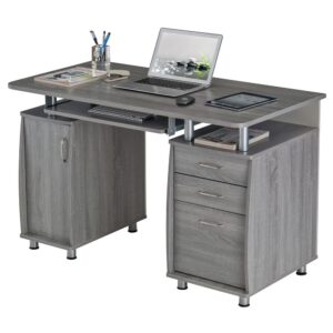 This Techni Mobili Desk is a complete workstation offering an ample work surface and plenty of storage space.It features an acessory shelf atop a storage cabinet