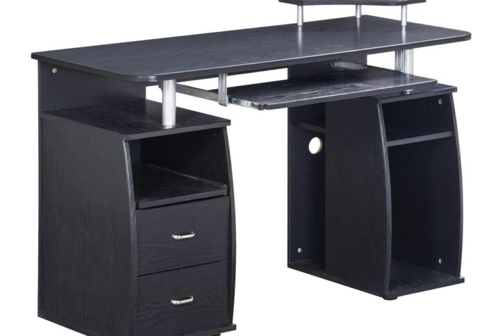 The Techni Mobili Dual Complete Computer Workstation Desk includes an elevated accessory shelf