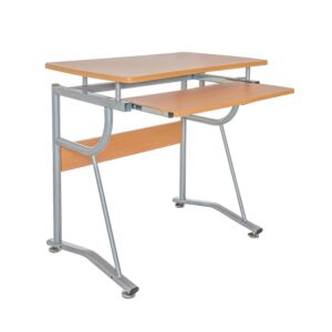 This Techni Mobili Compact Computer Desk saves space with its compact footprint. It features a slide-out keyboard shelf equipped with a safety stop