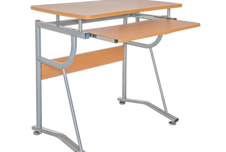 This Techni Mobili Compact Computer Desk saves space with its compact footprint. It features a slide-out keyboard shelf equipped with a safety stop