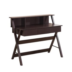 This Techni Mobili Writing Desk combines elegance and functionality while providing plenty of storage space for accessories. It Includes three drawers plus three compartments on top of the desktop and a storage top shelf. The spacious desktop rests on X-shaped legs making this desk lightweight and compact. This beautiful and classy desk is made of heavy-duty particle board panels with a moisture laminate finish. While being great for organization