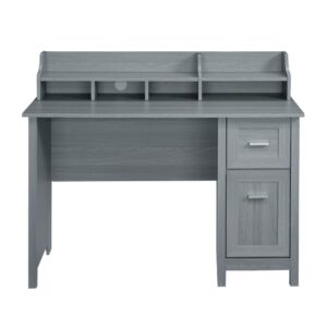 the wooden design grey finish accentuates the sleek appearance making it more attractive. It has a built-in hutch with four cubbyholes and two top shelves for storing and organizing your office essentials as well ample space to work clutter-free. It also features two side storage drawers; one smaller drawer to keep basic supplies and other big enough to conceal important documents and files.