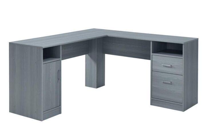 Spread out and get to work with the convenient & stylish Techni Mobili Functional L-Shaped Computer Desk. This sleek L-shaped desk is constructed of durable wooden panels and available in a grey woodgrain finish laminated surface. It features an L-shaped work surface