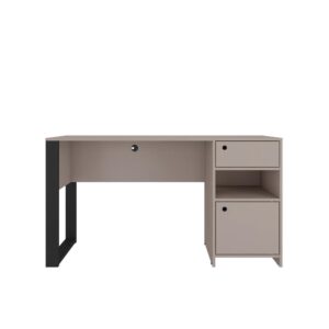 The Techni Mobili  Writing Desk is made of heavy-duty engineered wood in a grey woodgrain finish. It includes one storage drawer