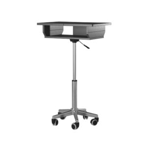 The Techni Mobili Folding Table Laptop Cart saves space while providing the laptop or writing setup you need. It features a chromed steel frame that adjusts from 26 up to 35.75 inches in height. The unfolded panels add 14 inches of workspace. Fits laptops of up to 16.5 inches wide. Folded Panels each have a 22lbs Weight Capacity and middle desktop holds up to 22 LBS. Panels are made of MDF panels with a moisture laminate surface atop a powder-coated steel frame.  Color: Graphite.