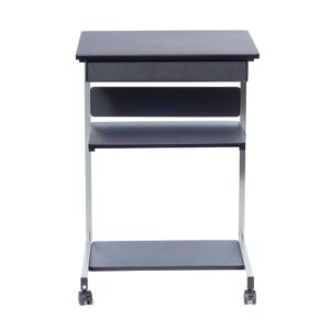 this desk features a single drawer and two shelves for storage. Two of the fours non-marking nylon casters include locking mechanisms.  The desktop has a 90 lb weight capacity
