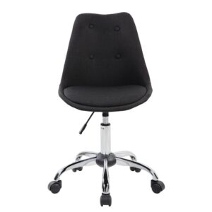 This Techni Mobili Office Task Chair is simply elegant to the eye with it's deep tufted buttons and design. It features  a pneumatic seat height adjustment lever that provides a 5 inch range in seat height from 19" to 24". The durable chrome base sits atop non-marking nylon casters. This chair will definitely be a great addition to any kid/ teen room or office setting. Weight Capacity: 150lbs. Color: Black
