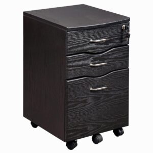 This Techni Mobili Cabinet is a good addition for an office desk.Featuring two accessory drawers and one hanging file cabinet. The top drawer includes a locking mechanism that locks both the drawers and file cabinet. It is made of MDF with a moisture laminate veneer atop five double wheel casters with locking mechanism. Color: Dark Honey