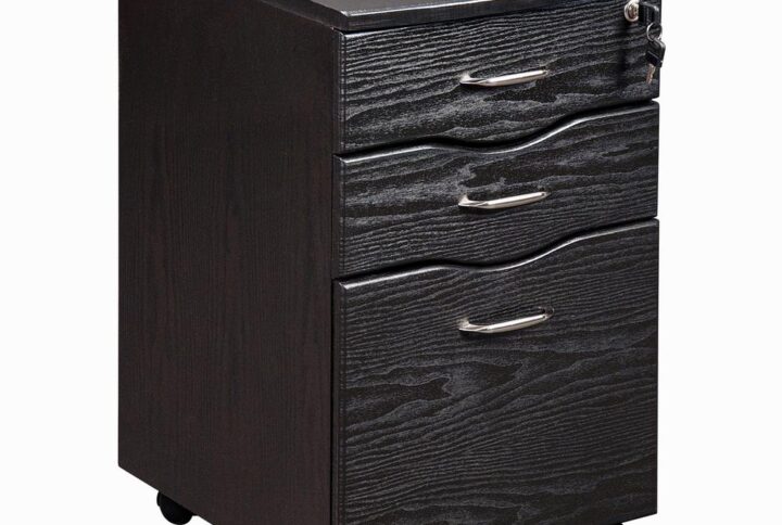 This Techni Mobili Cabinet is a good addition for an office desk.Featuring two accessory drawers and one hanging file cabinet. The top drawer includes a locking mechanism that locks both the drawers and file cabinet. It is made of MDF with a moisture laminate veneer atop five double wheel casters with locking mechanism. Color: Dark Honey