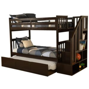 The Claire Twin/Twin Bunk boasts clean lines and attractive angles. The Rustci Brown finish blends in with many color schemes in your home. Enjoy this hardwood sturdy twin bunk bed