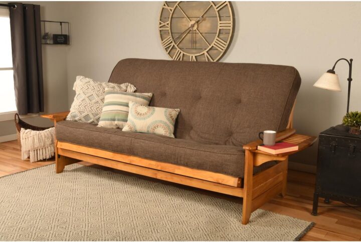 The futon is a classic hardwood frame with mission style arms. This unique and versatile Queen size futon sofa easily converts to a Bed.  This multifunctional piece of furniture can find a home in just about any type of room.