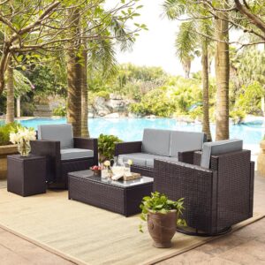 this seating set provides lasting comfort. Both the loveseat and swivel rockers feature moisture-resistant cushions and deep seating perfect for relaxing in the summer sun. The patio chairs have a high-quality rocking and swivel base for smooth
