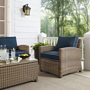 the Bradenton 3pc Conversation Set fits the bill.  Each piece of the set features sturdy steel frames wrapped in beautiful all-weather wicker. The loveseat and armchair are stylish and comfortable with gently arched arms and thick moisture-resistant cushions. A glass-top coffee table ties the seating arrangement together making outdoor entertaining a breeze with the Bradenton conversation set.