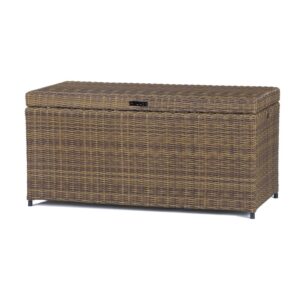 this upscale deck box protects your outdoor necessities in style. Deep enough to store outdoor cushions or pool toys