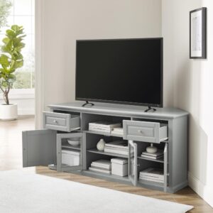 and the center cabinet has beveled glass doors. The glass cabinet doors protect valuable electronic components while allowing for complete use of remote controls. An open storage area generously houses a variety of media players