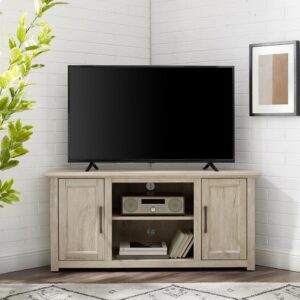 the Camden 48” Corner TV Stand tucks neatly into any corner. Featuring two cabinets with an adjustable shelf in each