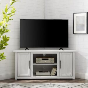 the Camden 48” Corner TV Stand tucks neatly into any corner. Featuring two cabinets with an adjustable shelf in each