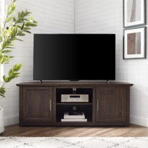 the Camden 58” Corner TV Stand tucks neatly into any corner. Featuring two cabinets with an adjustable shelf in each