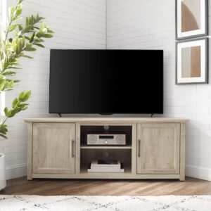 the Camden 58” Corner TV Stand tucks neatly into any corner. Featuring two cabinets with an adjustable shelf in each