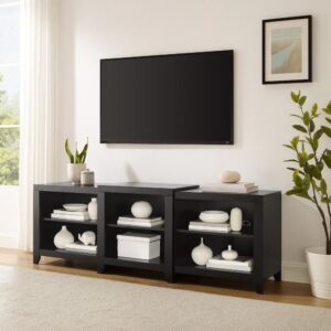 the Ronin 69” TV Stand is the perfect companion for wall-mounted televisions up to 75”. This extra-wide TV stand offers three open cabinets with adjustable shelving