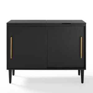 this media console has the versatility to fit the bill. Featuring sliding cabinet doors that open to adjustable shelving on one side