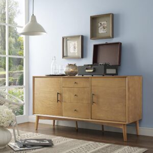 the Landon Sideboard features mid-century modern design at its best. This sideboard can serve as a media cabinet or sleek dining room addition. Featuring two spacious cabinets with adjustable shelves and pre-cut cable management holes