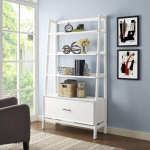 this etagere features a sturdy wood frame with three open shelves. A spacious file cabinet drawer at the base of the etagere is seated on full-extension glides to give access to every corner. Ideal for books and other decor