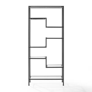 this etagere's sculptural steel frame features sturdy tempered glass shelves. Variable shelf heights create a geometric design with Art Deco flair